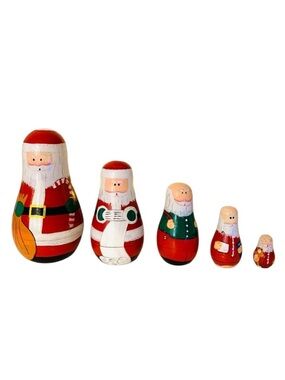 Vintage Santa Claus Wooden Nesting Dolls Set of 5 Christmas Matryoshka Decor